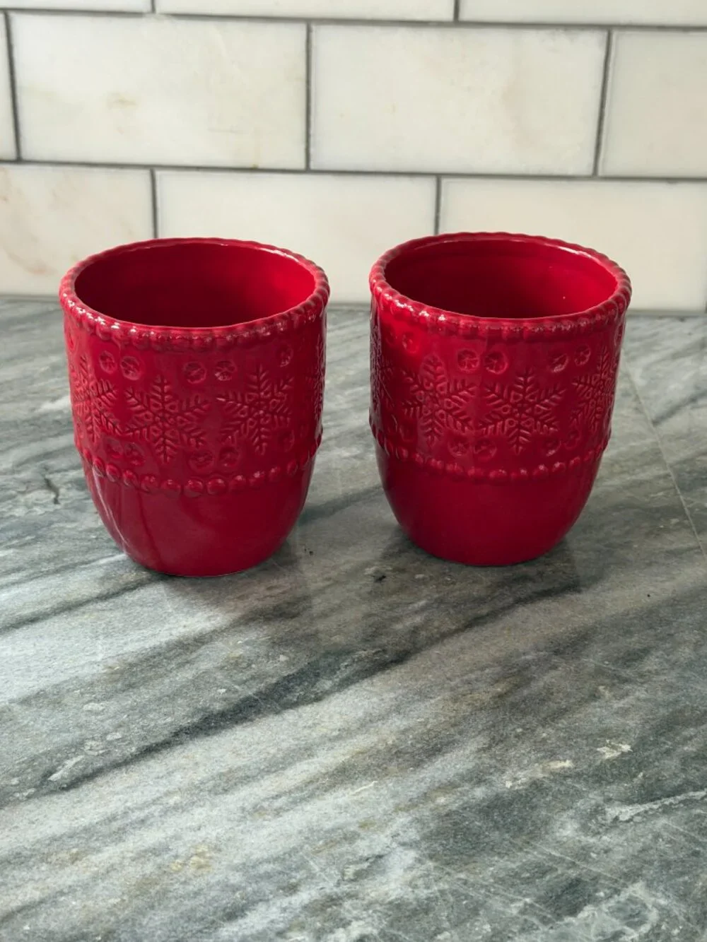 Pier 1 Imports Red Embossed Snowflake Mugs - Set of 2 Beaded Rim Stoneware